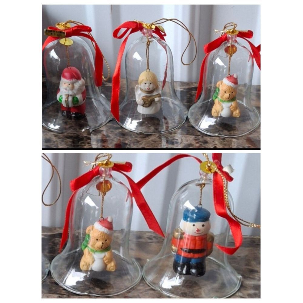 5 Vintage Lil Chimers Crystal Bell  Ornament Santa Soldier  Angel  2 Teddys